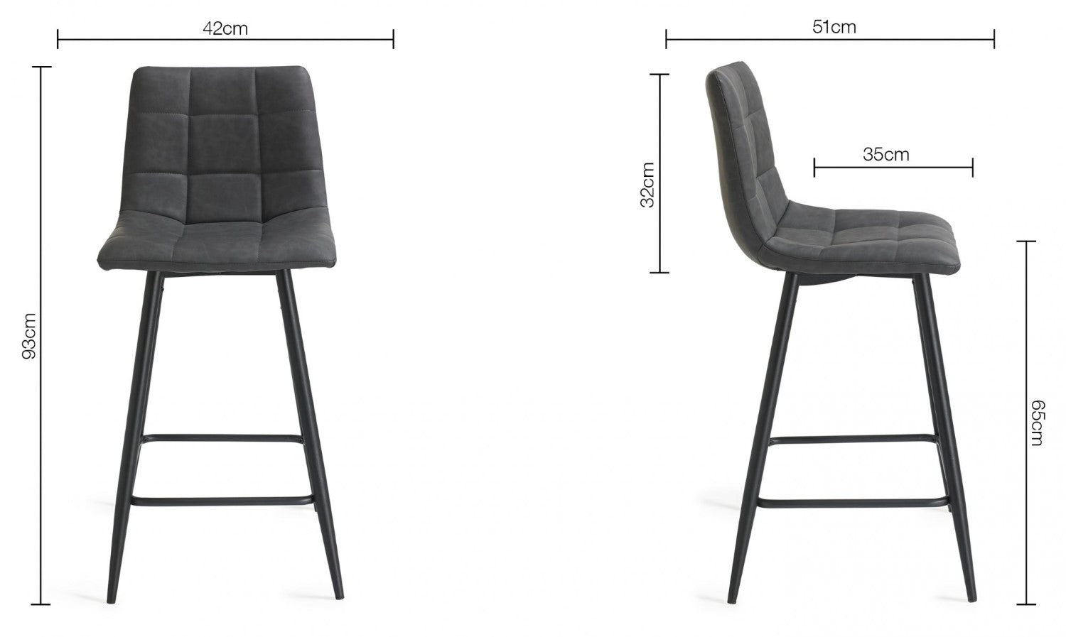 Dark Grey Leather Bar Stool Black Metal Legs - Home Furniture Interiors