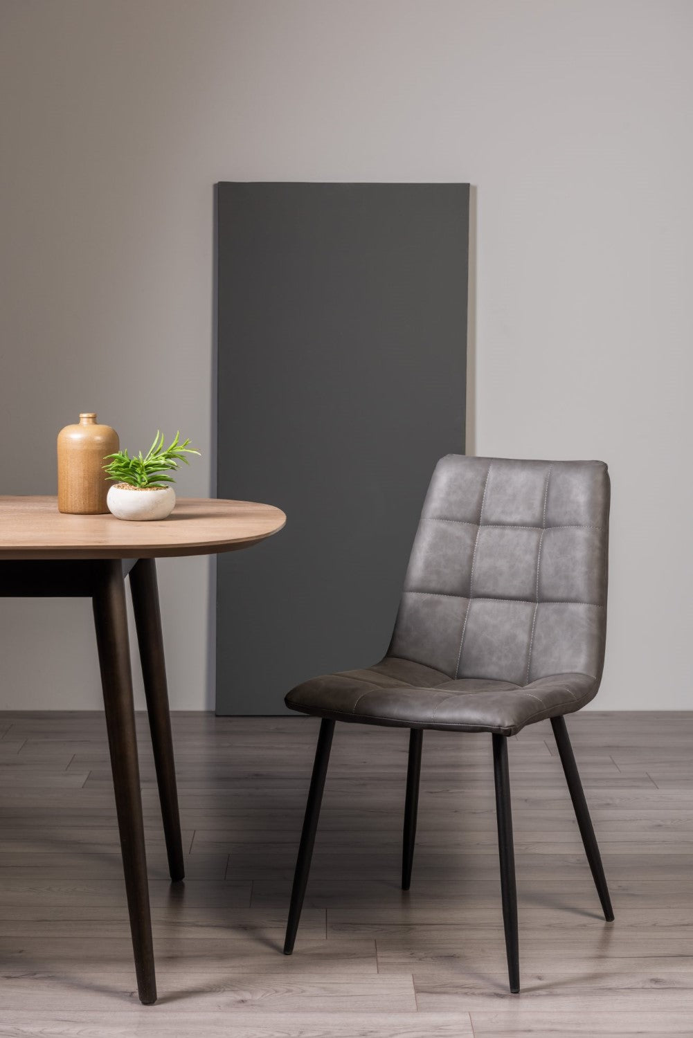 Dark Grey Leather Square Stitched Dining Chair - Home Furniture Interiors