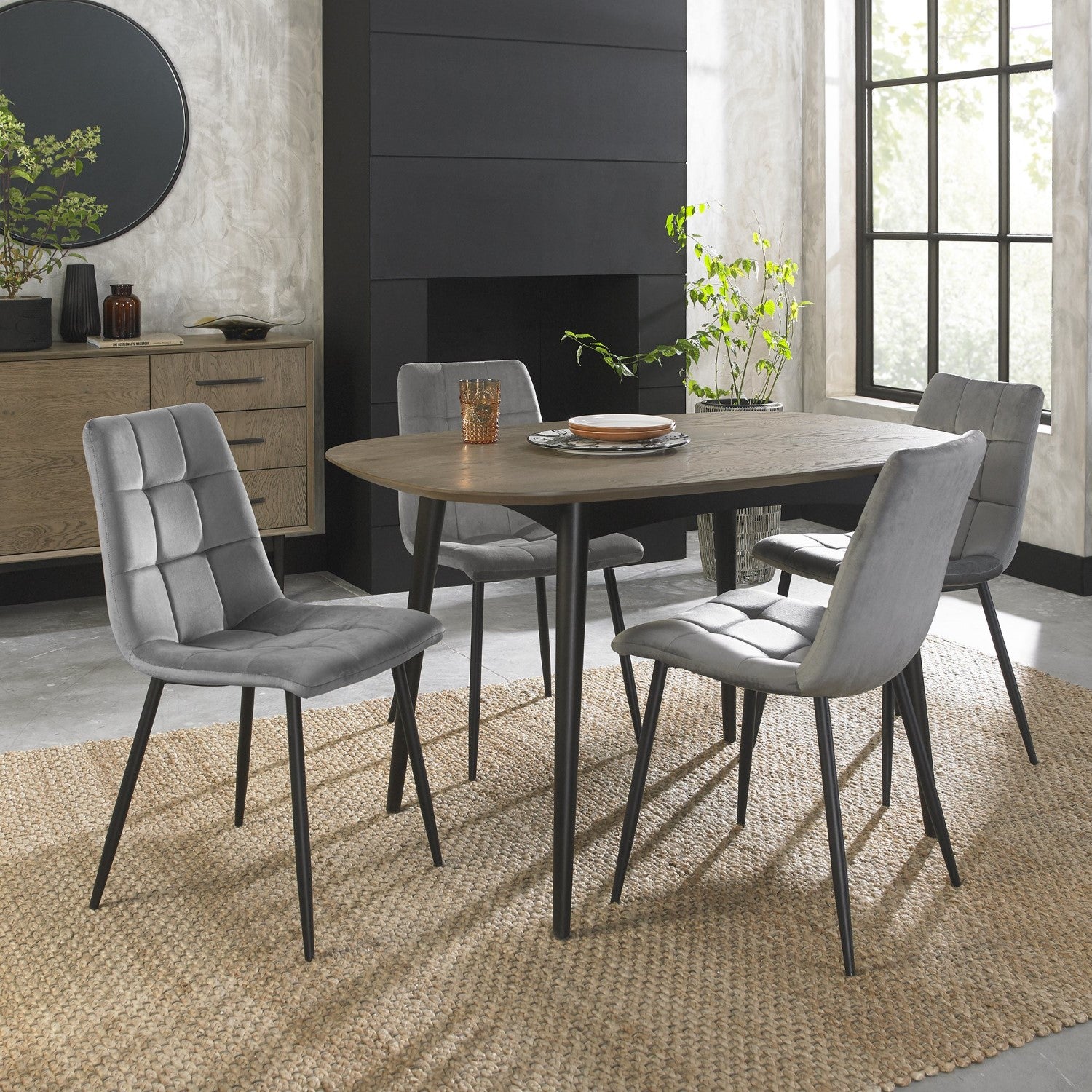 Grey Velvet Fabric Dining Chair Square Stitched Pattern - Home Furniture Interiors