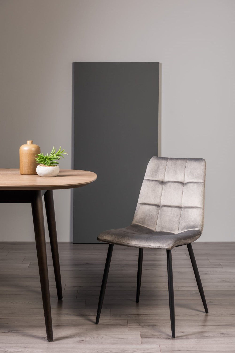 Grey Velvet Fabric Dining Chair Square Stitched Pattern