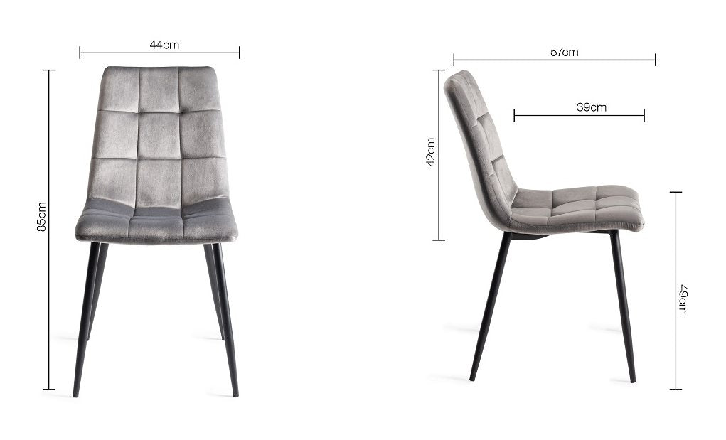 Grey Velvet Fabric Dining Chair Square Stitched Pattern - Home Furniture Interiors