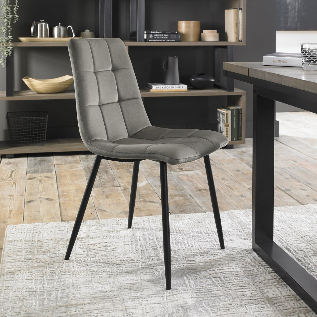 Grey Velvet Fabric Dining Chair Square Stitched Pattern - Home Furniture Interiors