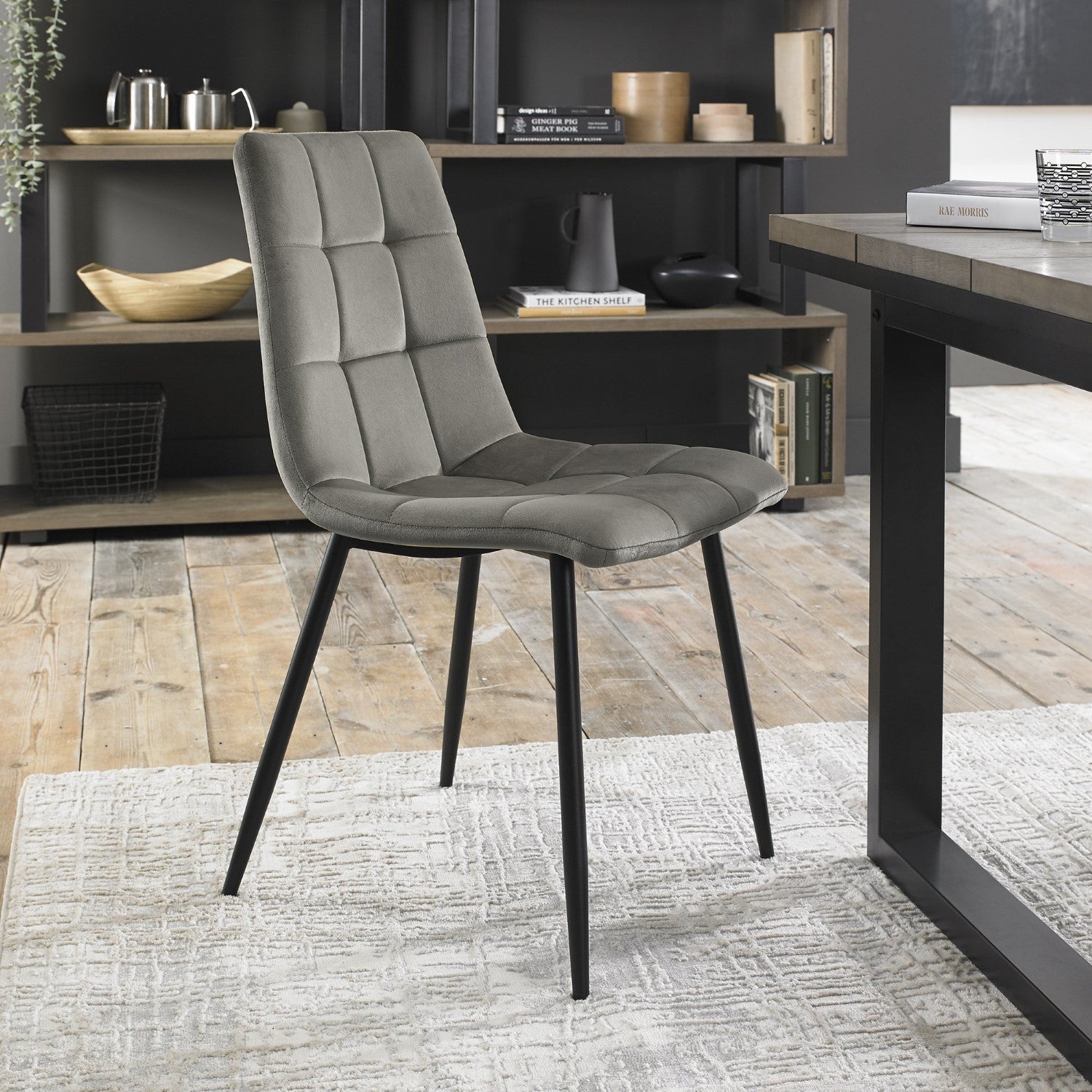 Grey Velvet Fabric Dining Chair Square Stitched Pattern - Home Furniture Interiors