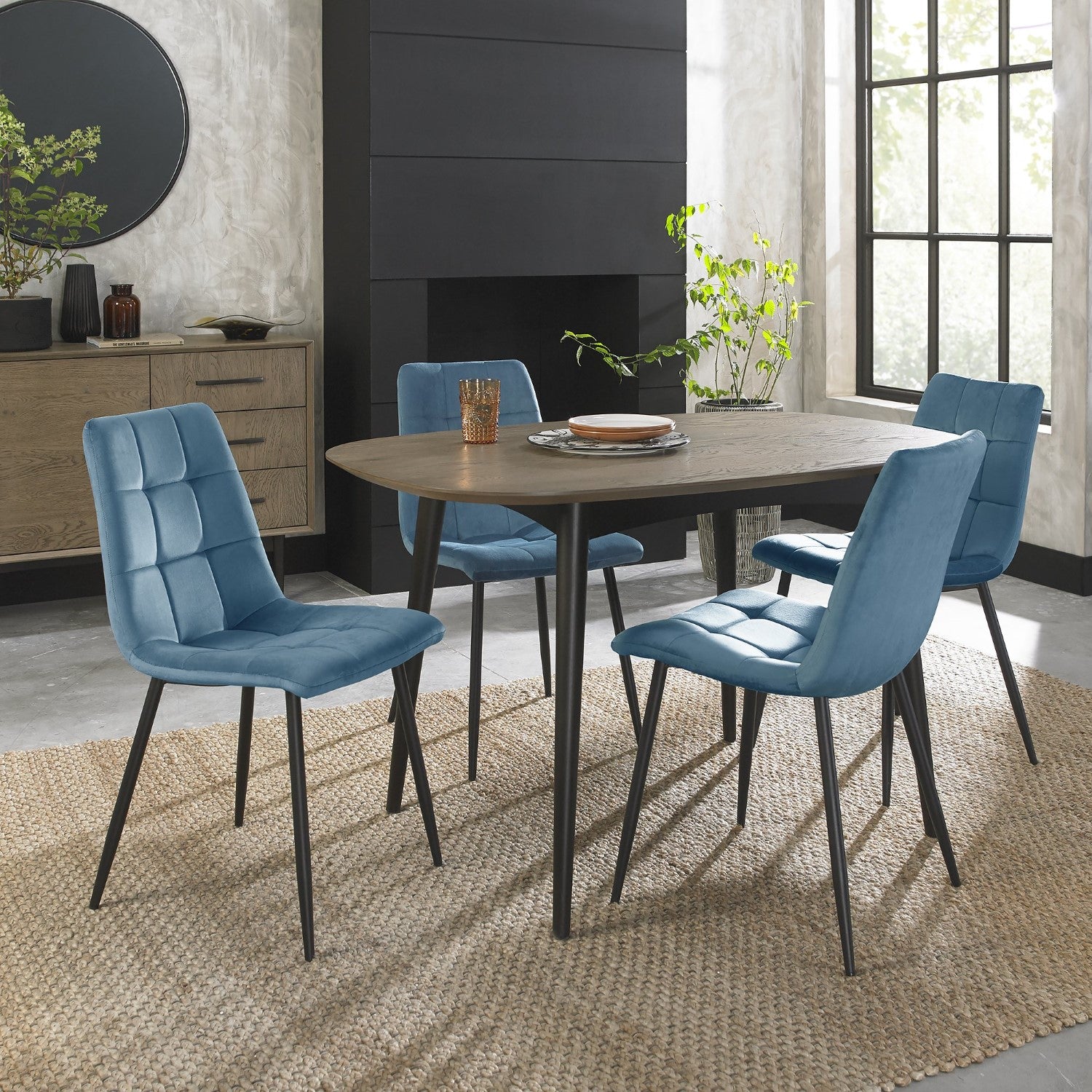 Blue Velvet Fabric Dining Chair Black Metal Legs - Home Furniture Interiors