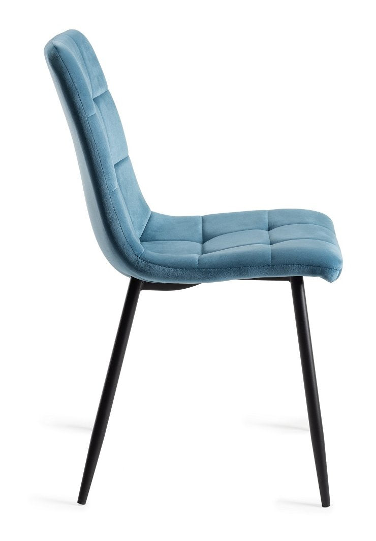 Blue Velvet Fabric Dining Chair Black Metal Legs - Home Furniture Interiors