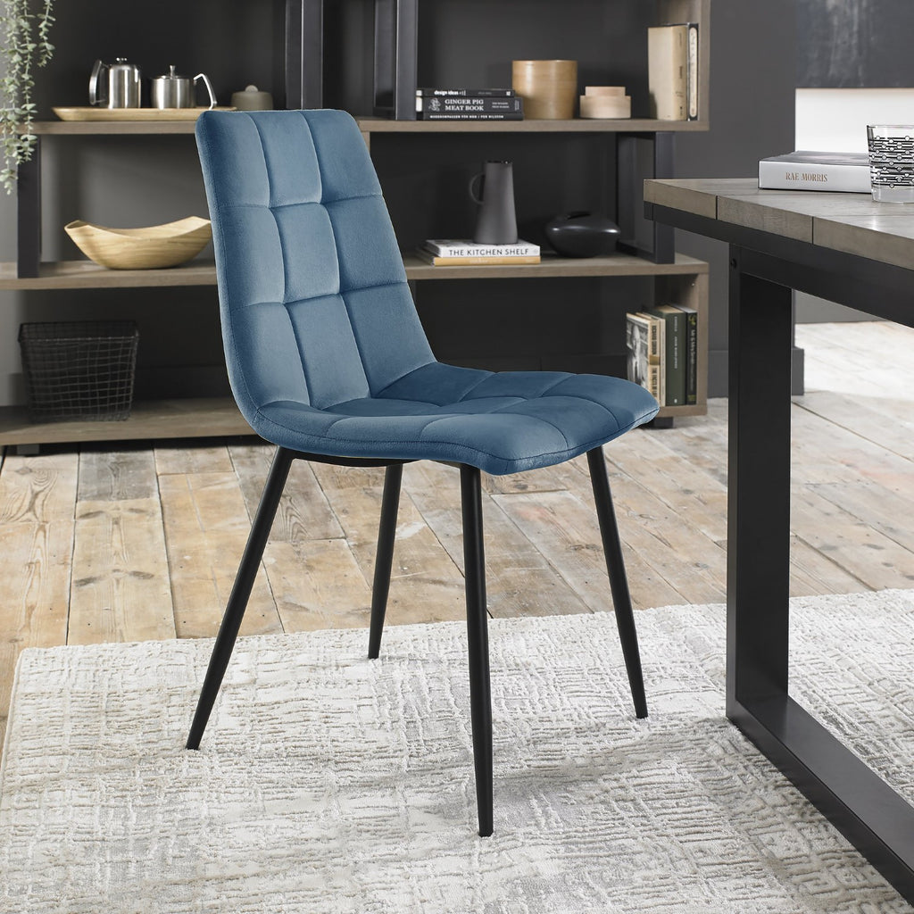 Blue Velvet Fabric Dining Chair Black Metal Legs - Home Furniture Interiors