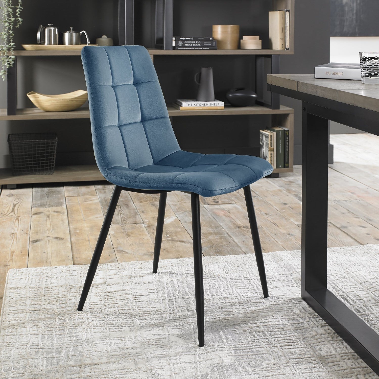 Blue Velvet Fabric Dining Chair Black Metal Legs - Home Furniture Interiors