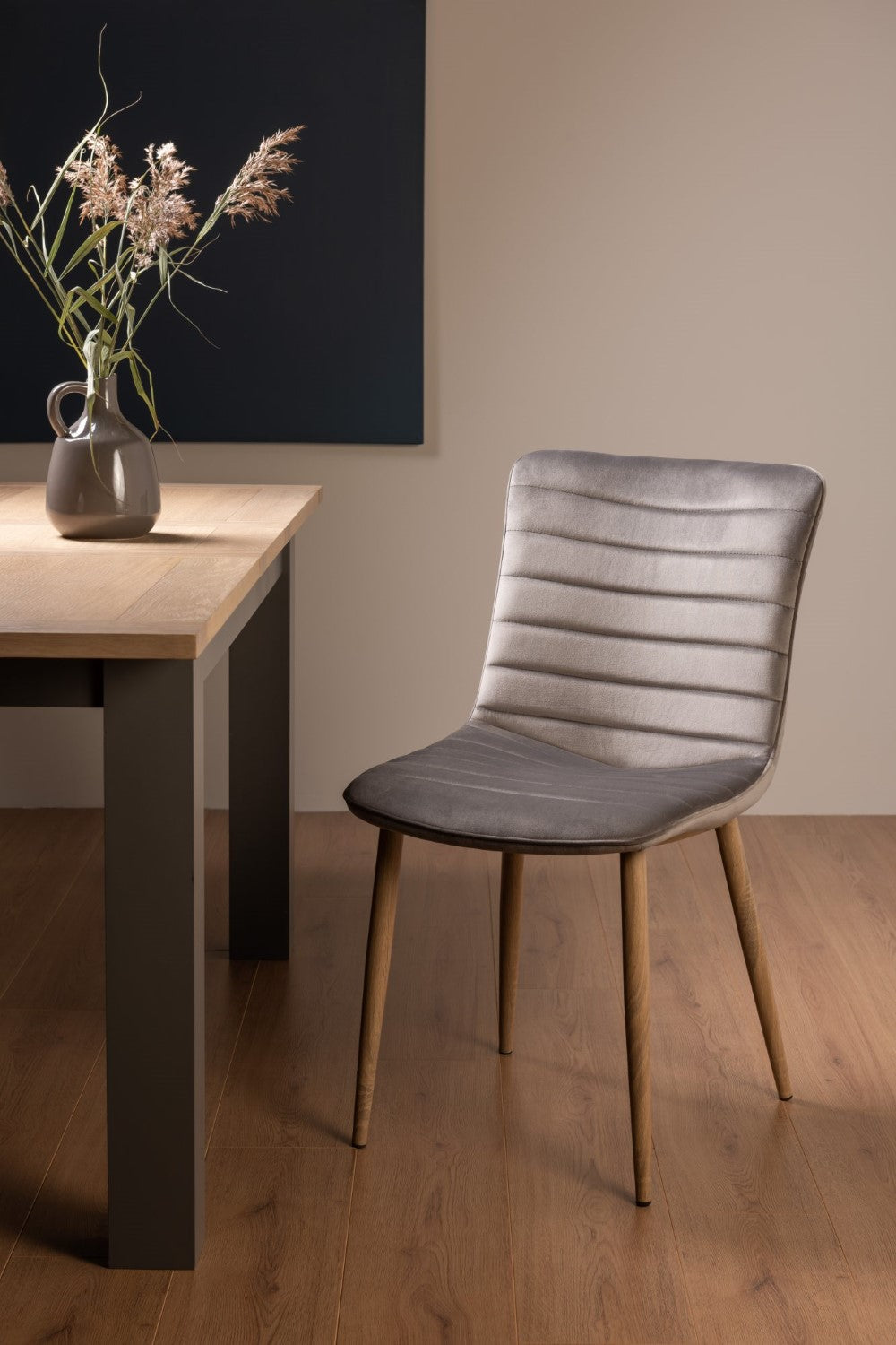 Light Grey Velvet Fabric Dining Chair on Rustic Oak Legs
