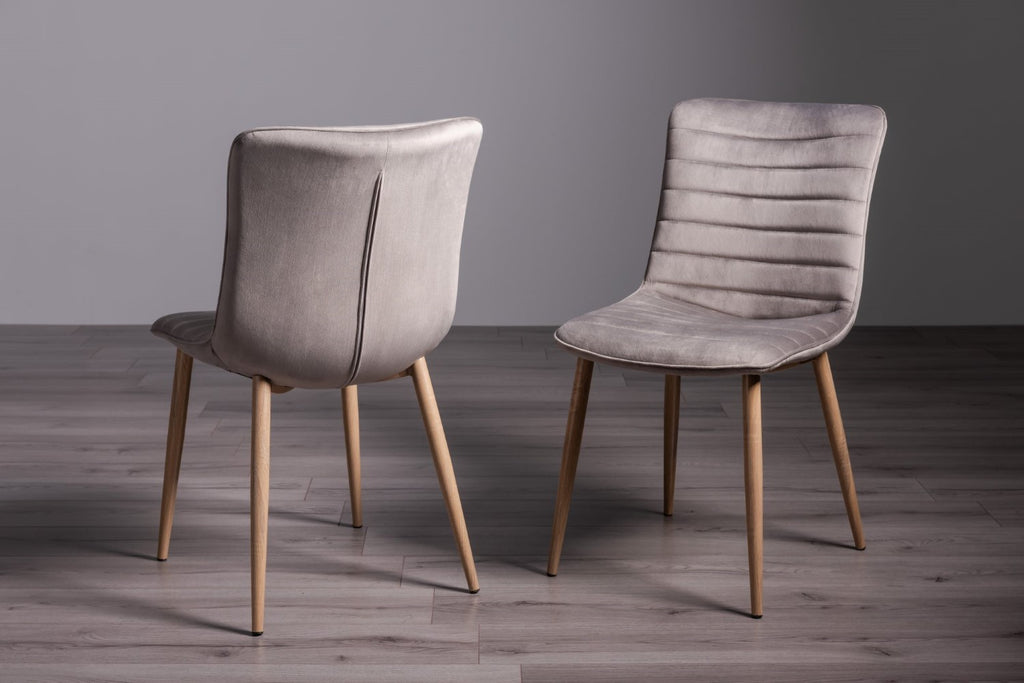 Light Grey Velvet Fabric Dining Chair on Rustic Oak Legs - Home Furniture Interiors