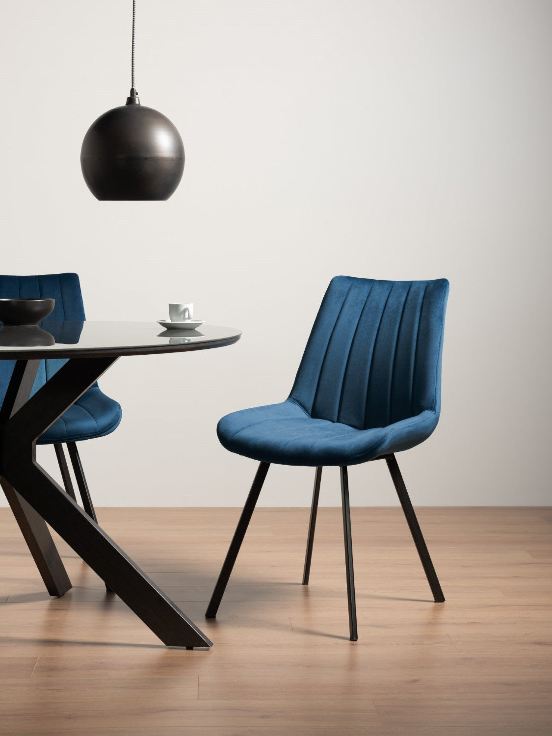 Blue Velvet Fabric Dining Chair Black Metal Legs