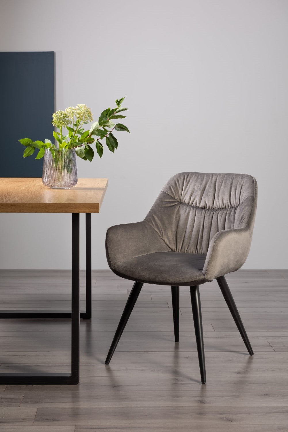 Grey Velvet Fabric Dining Arm Chair Pleated Back Pattern