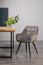 Grey Velvet Fabric Dining Arm Chair Pleated Back Pattern
