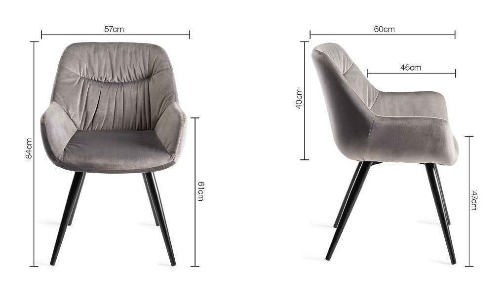 Grey Velvet Fabric Dining Arm Chair Pleated Back Pattern - Home Furniture Interiors