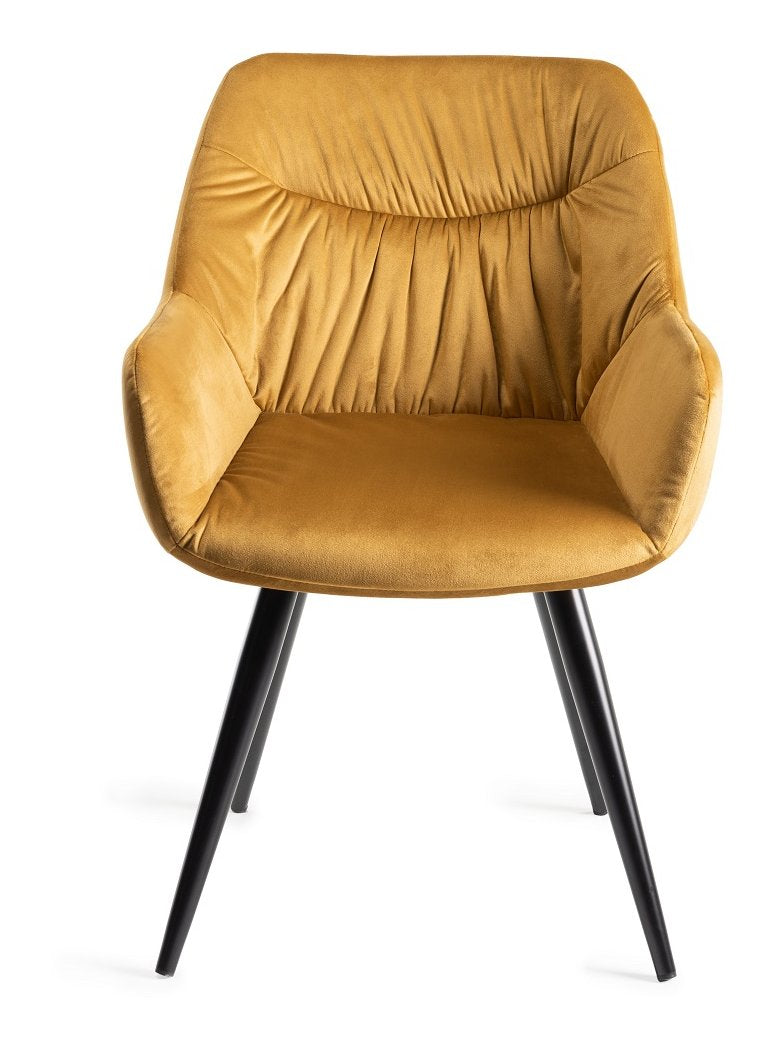 Yellow velvet dining arm chair with pleated back pattern, crafted by Bentley Designs, showcasing plush upholstery and elegant design.
