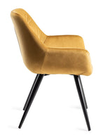 Yellow velvet fabric dining arm chair with pleated back pattern by Bentley Designs, showcasing a stylish and comfortable dining chair.