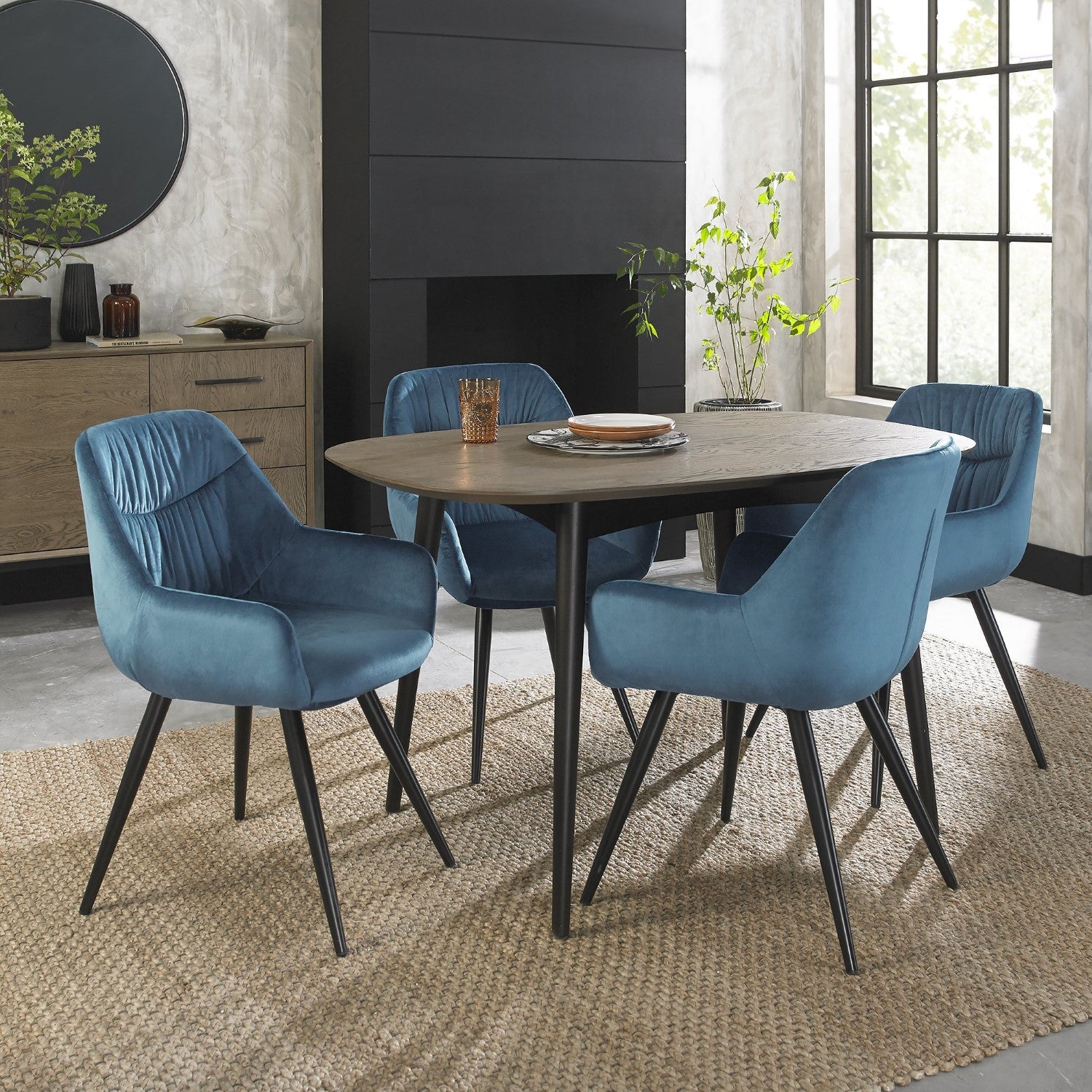 Pleated Back Blue Velvet Fabric Dining Chair Black Legs - Home Furniture Interiors