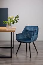 Pleated Back Blue Velvet Fabric Dining Chair Black Legs