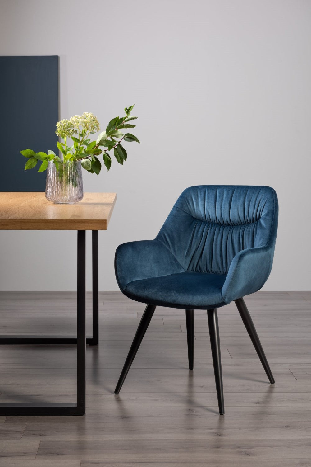 Pleated Back Blue Velvet Fabric Dining Chair Black Legs