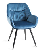 Pleated Back Blue Velvet Fabric Dining Chair Black Legs - Home Furniture Interiors