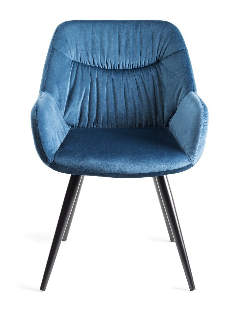 Pleated Back Blue Velvet Fabric Dining Chair Black Legs - Home Furniture Interiors