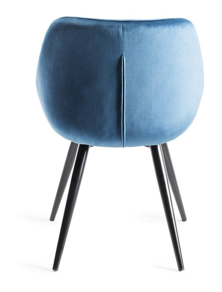 Pleated Back Blue Velvet Fabric Dining Chair Black Legs - Home Furniture Interiors