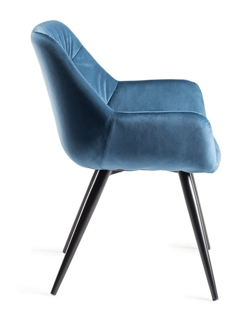 Pleated Back Blue Velvet Fabric Dining Chair Black Legs - Home Furniture Interiors