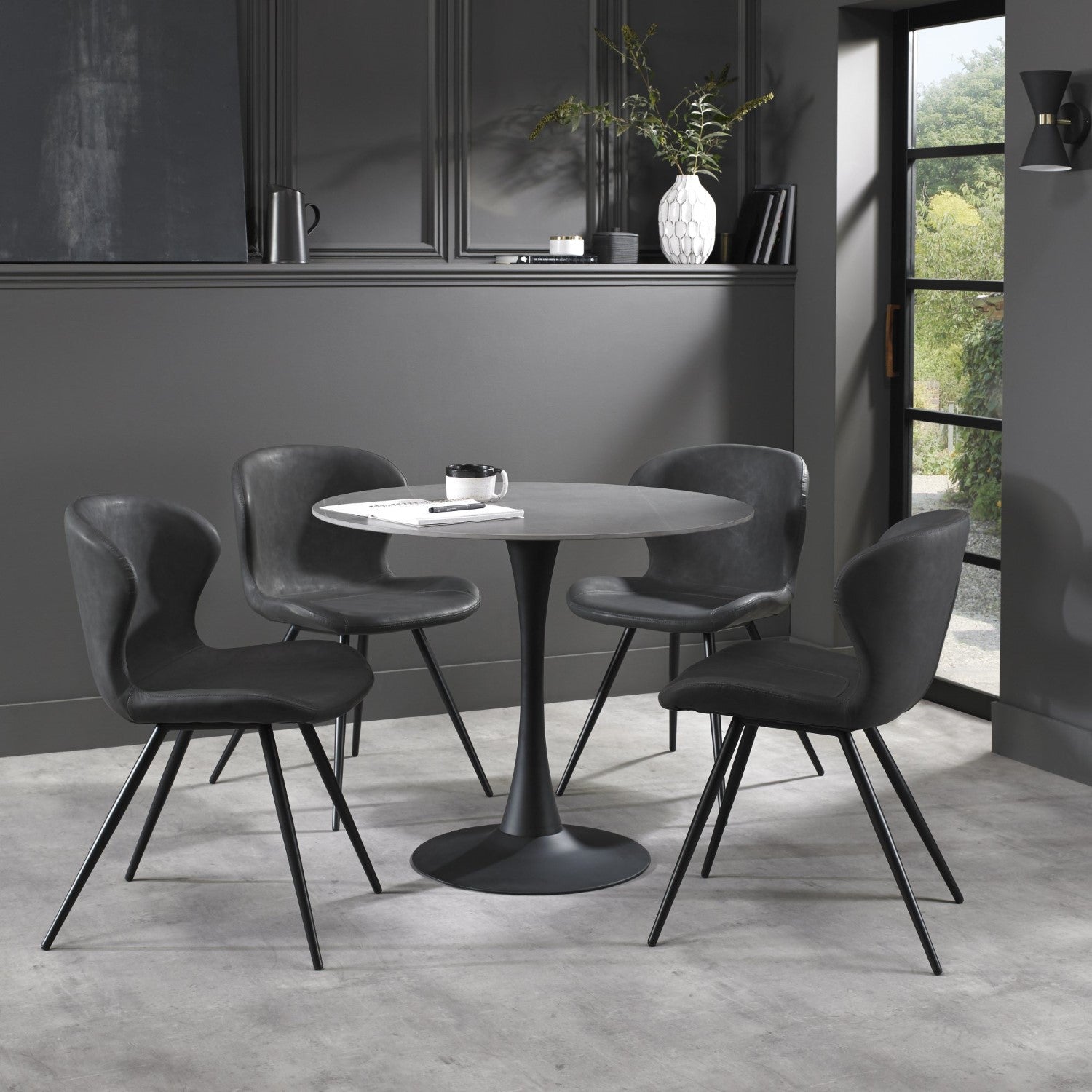 Grey Leather Effect Scoop Back Dining Chair - Home Furniture Interiors