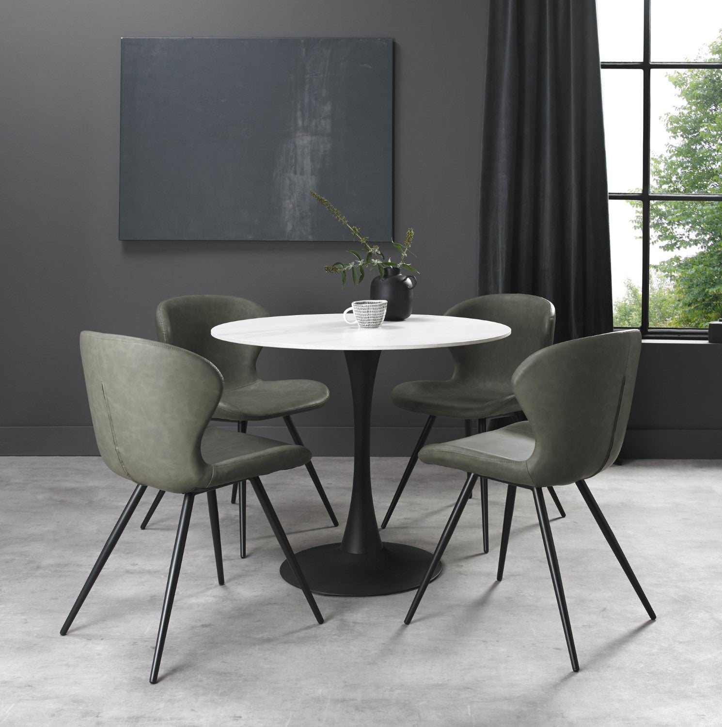 Olive Green Leather Effect Scoop Back Dining Chair - Home Furniture Interiors