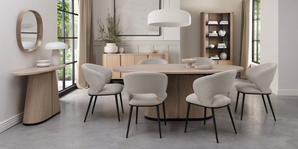Beige Fabric Curved Back Dining Chair Matt Black Legs - Home Furniture Interiors
