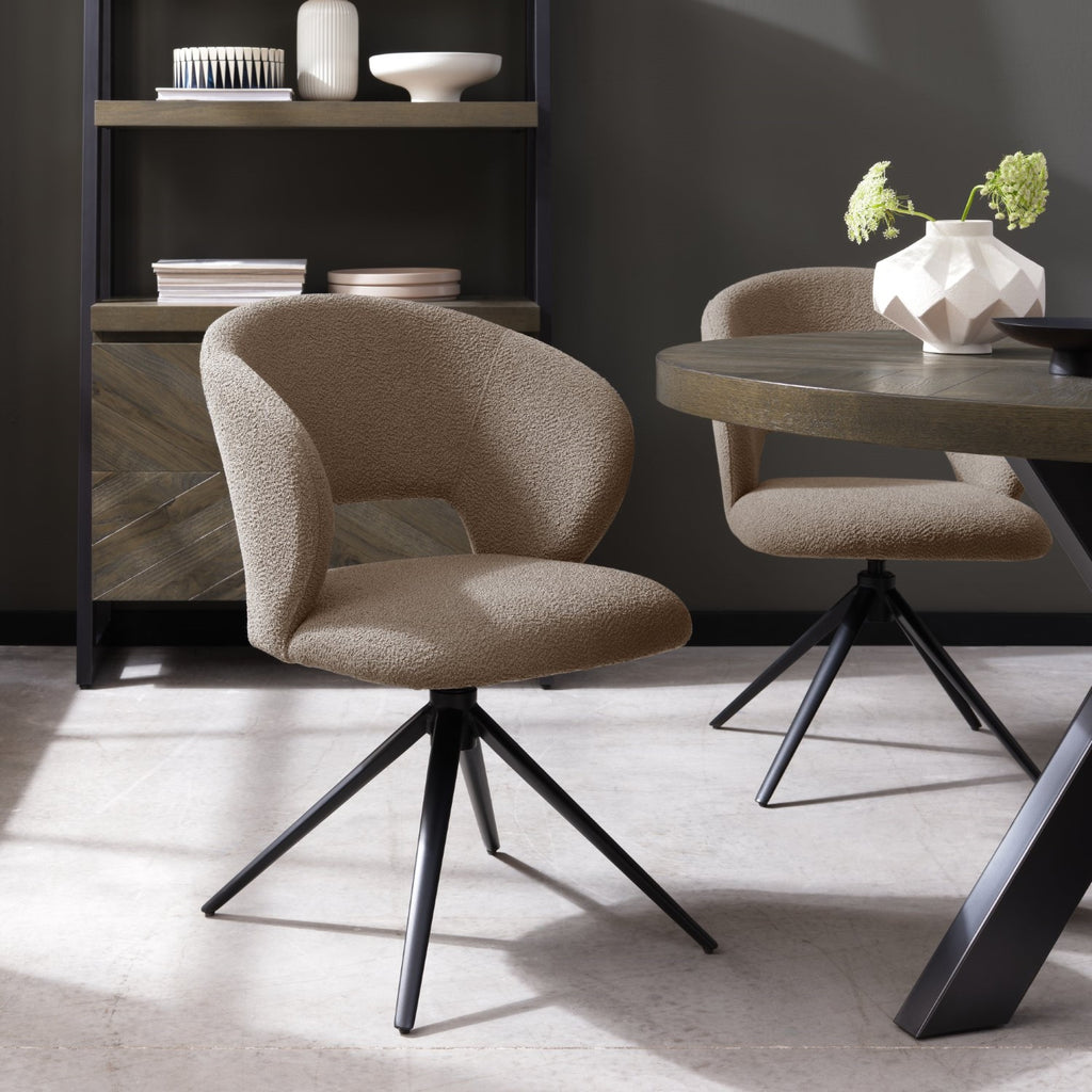 Mocha Beige Boucle Fabric Swivel Dining Chair Black Legs - Home Furniture Interiors
