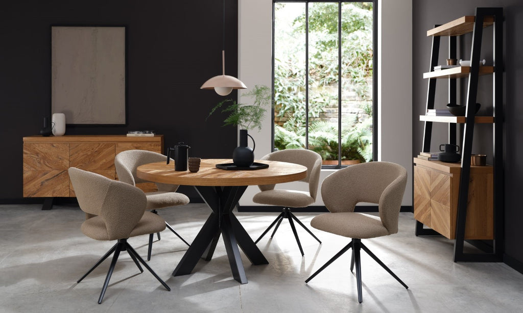 Mocha Beige Boucle Fabric Swivel Dining Chair Black Legs - Home Furniture Interiors