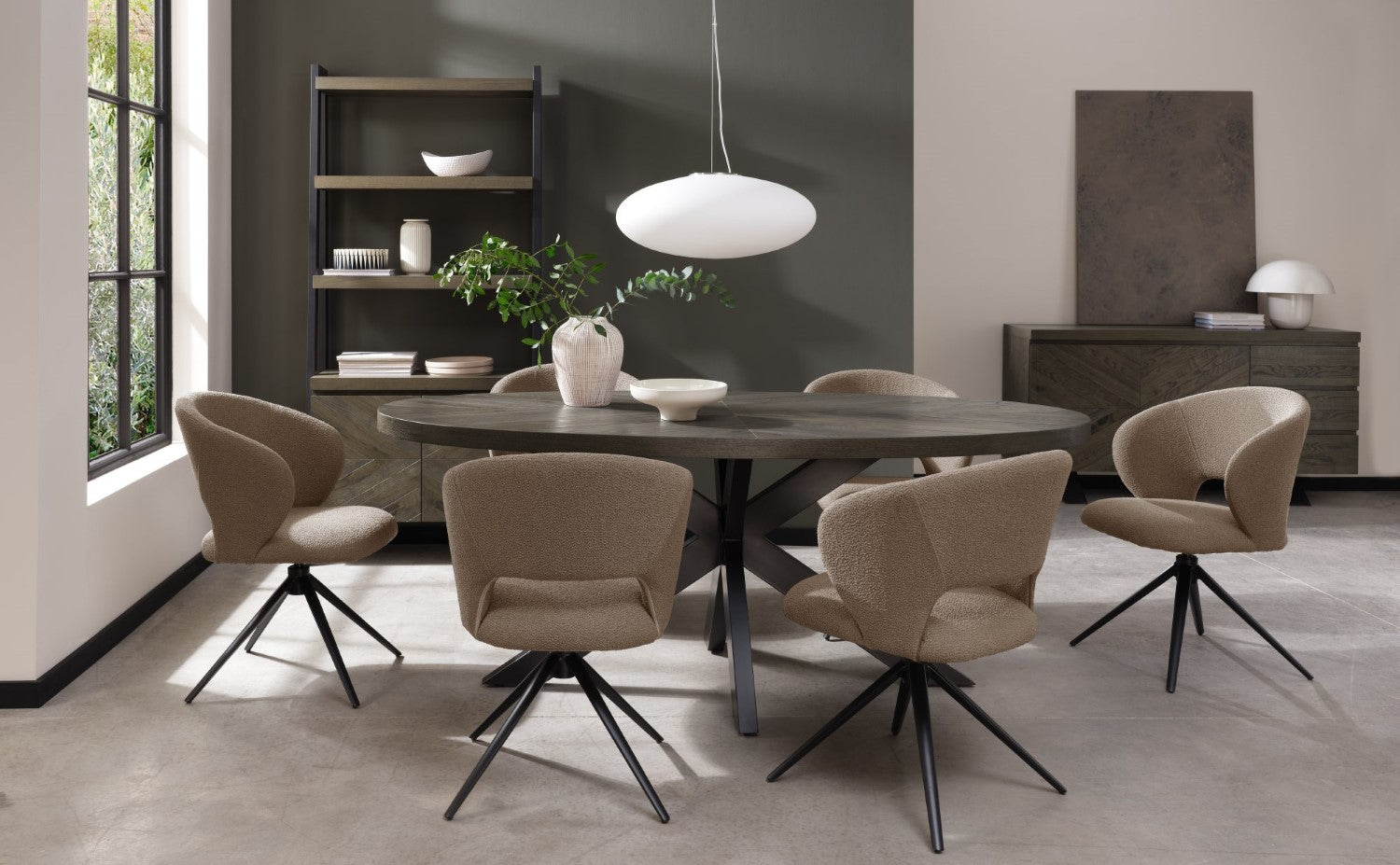 Mocha Beige Boucle Fabric Swivel Dining Chair Black Legs - Home Furniture Interiors