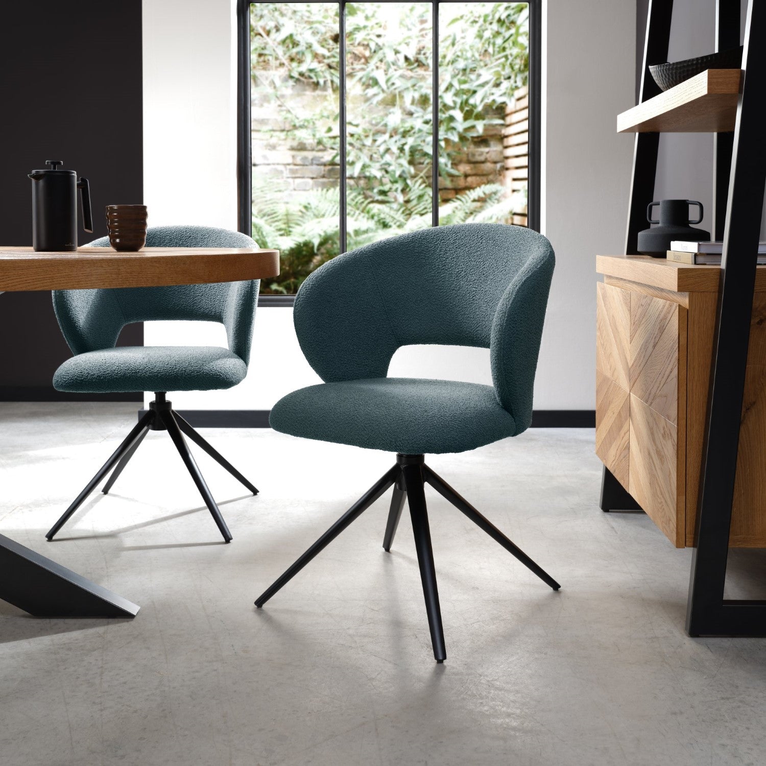 Blue Boucle Fabric Stella 360deg Self Returning Swivel Dining Chair with Black Legs