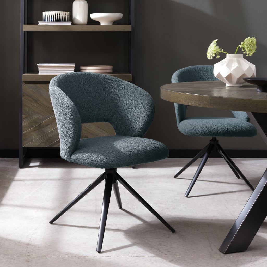 Blue Boucle Fabric Stella 360deg Self Returning Swivel Dining Chair with Black Legs - Home Furniture Interiors
