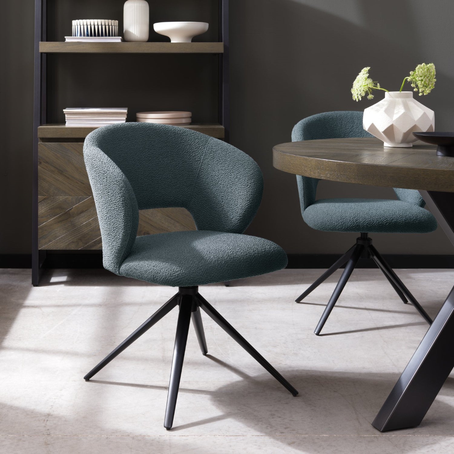 Blue Boucle Fabric Stella 360deg Self Returning Swivel Dining Chair with Black Legs - Home Furniture Interiors