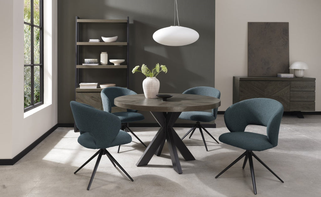 Blue Boucle Fabric Stella 360deg Self Returning Swivel Dining Chair with Black Legs - Home Furniture Interiors