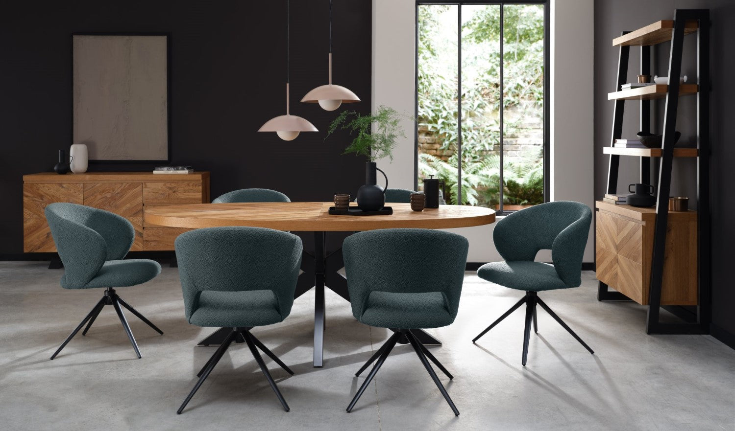 Blue Boucle Fabric Stella 360deg Self Returning Swivel Dining Chair with Black Legs - Home Furniture Interiors