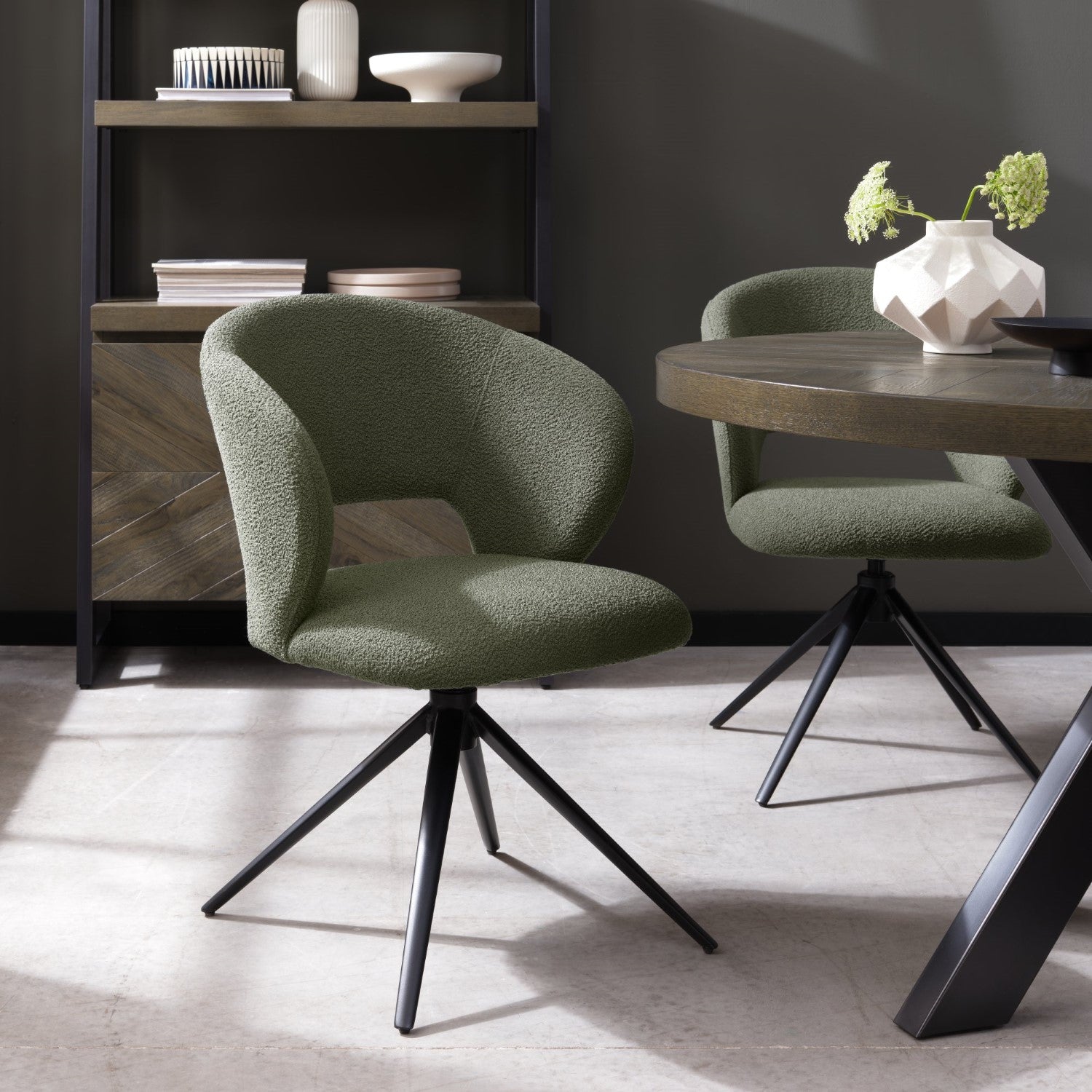 Green Boucle Fabric Curve Back Swivel Dining Chair Black Leg - Home Furniture Interiors