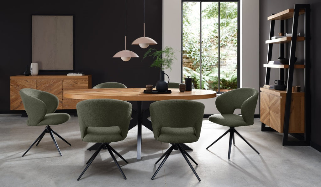Green Boucle Fabric Curve Back Swivel Dining Chair Black Leg - Home Furniture Interiors