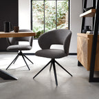 Grey Boucle Fabric Curved Swivel Dining Chair Black Legs