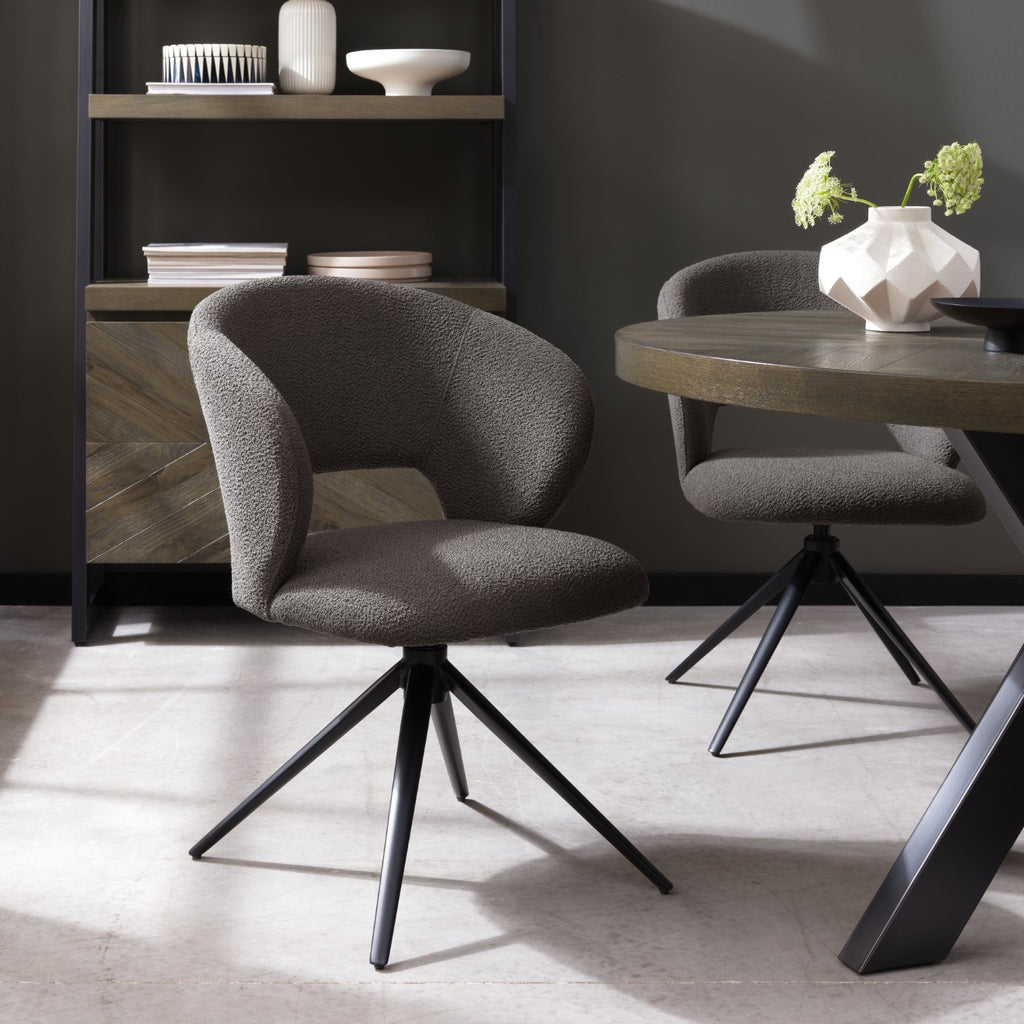 Grey Boucle Fabric Curved Swivel Dining Chair Black Legs - Home Furniture Interiors