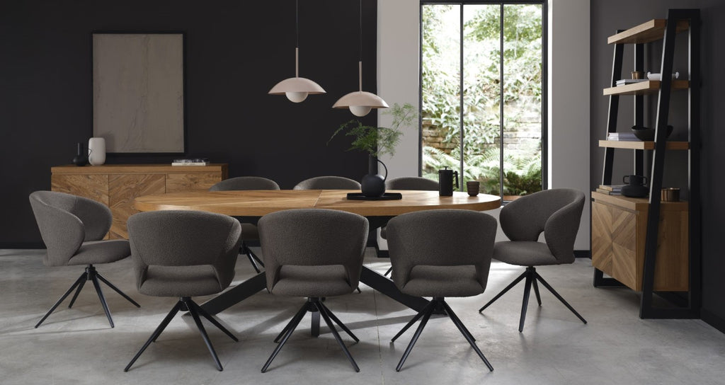 Grey Boucle Fabric Curved Swivel Dining Chair Black Legs - Home Furniture Interiors