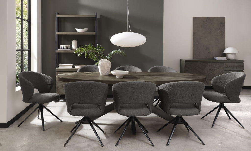 Grey Boucle Fabric Curved Swivel Dining Chair Black Legs - Home Furniture Interiors