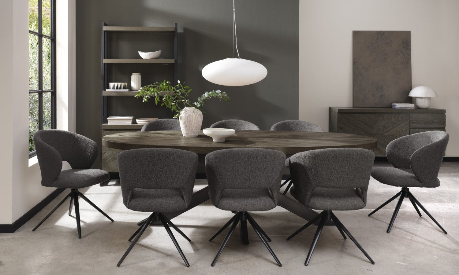 Grey Boucle Fabric Curved Swivel Dining Chair Black Legs - Home Furniture Interiors
