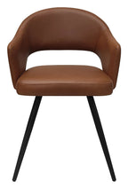 Pair of Bentley Designs tan leather effect curve back dining chairs with black metal legs, featuring stylish and comfortable design.