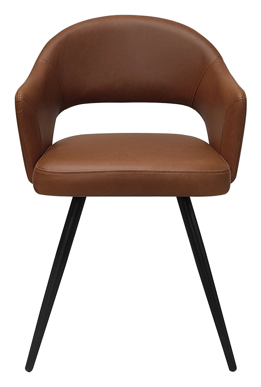 Pair of Bentley Designs tan leather effect curve back dining chairs with black metal legs, featuring stylish and comfortable design.
