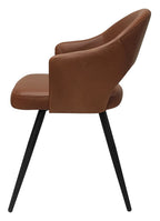 Pair of Bentley Designs tan leather effect curve back dining chairs with black metal legs, stylish and comfortable for dining rooms.
