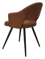 Pair of Bentley Designs tan leather effect curve back dining chairs with black metal legs, shown from front view.