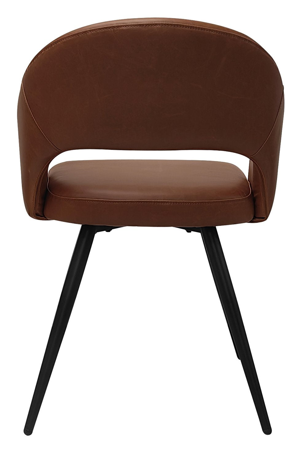 Pair of Bentley Designs tan leather effect curve back dining chairs with black metal legs, stylish and comfortable for dining rooms