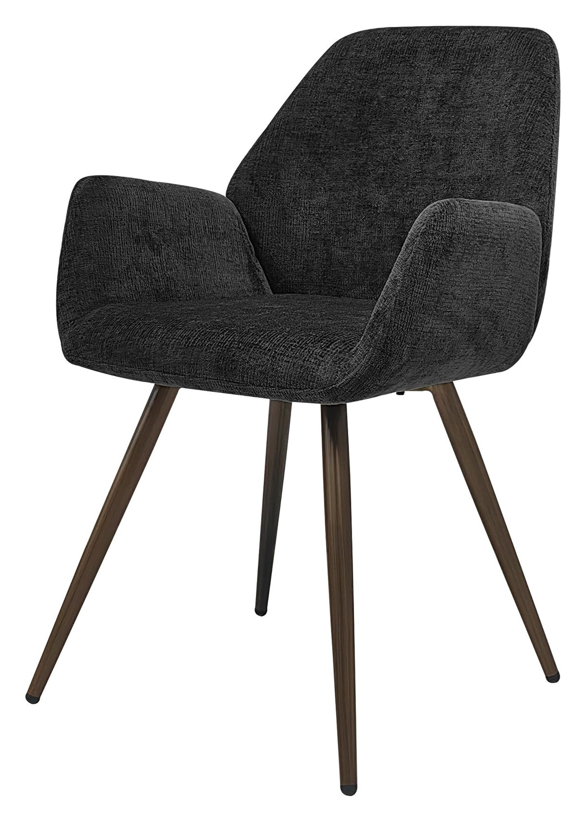 Pair of Bentley Designs dark grey chenille curve back dining chairs with bronze legs, showcasing plush upholstery and elegant design.